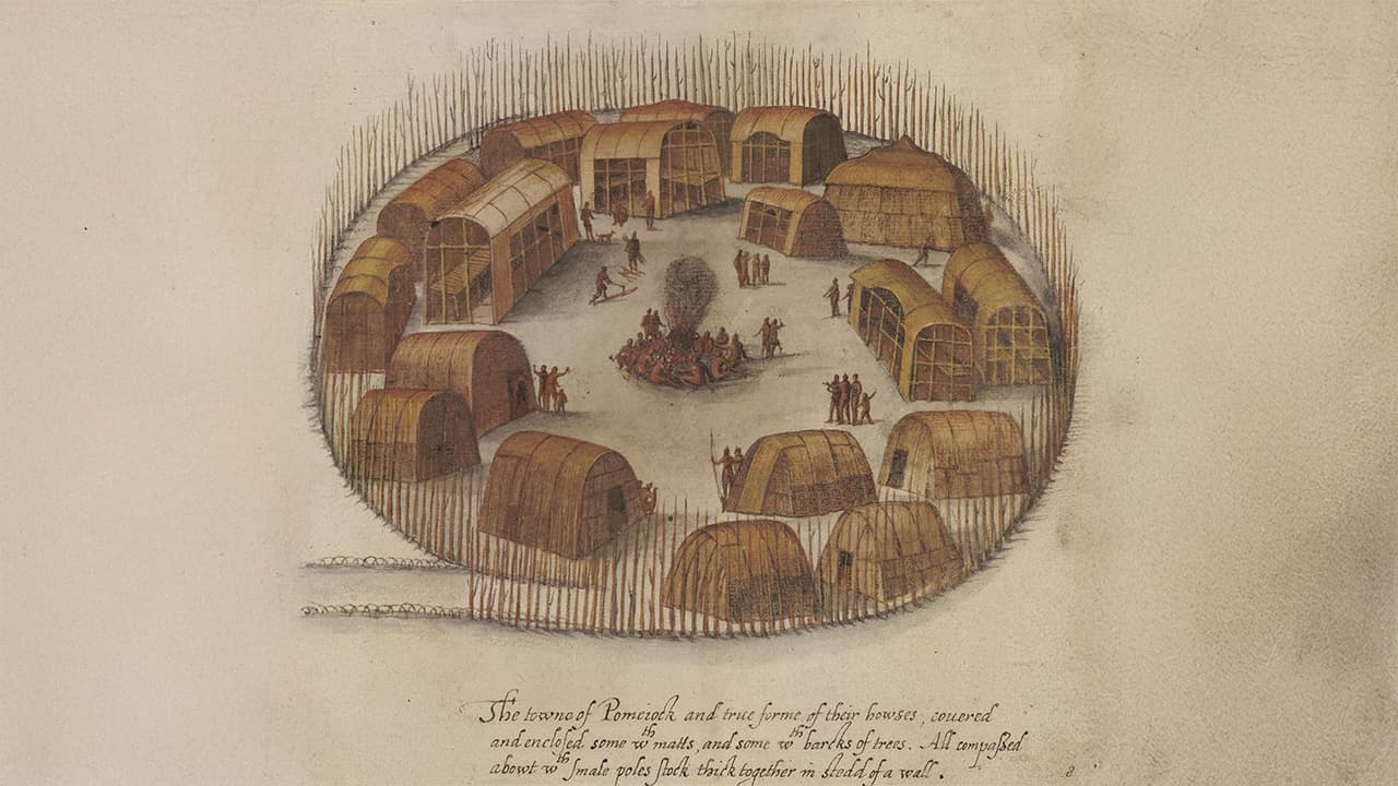 Engraving after John White of the Algonquian town of Pomeiooc, c. 1585